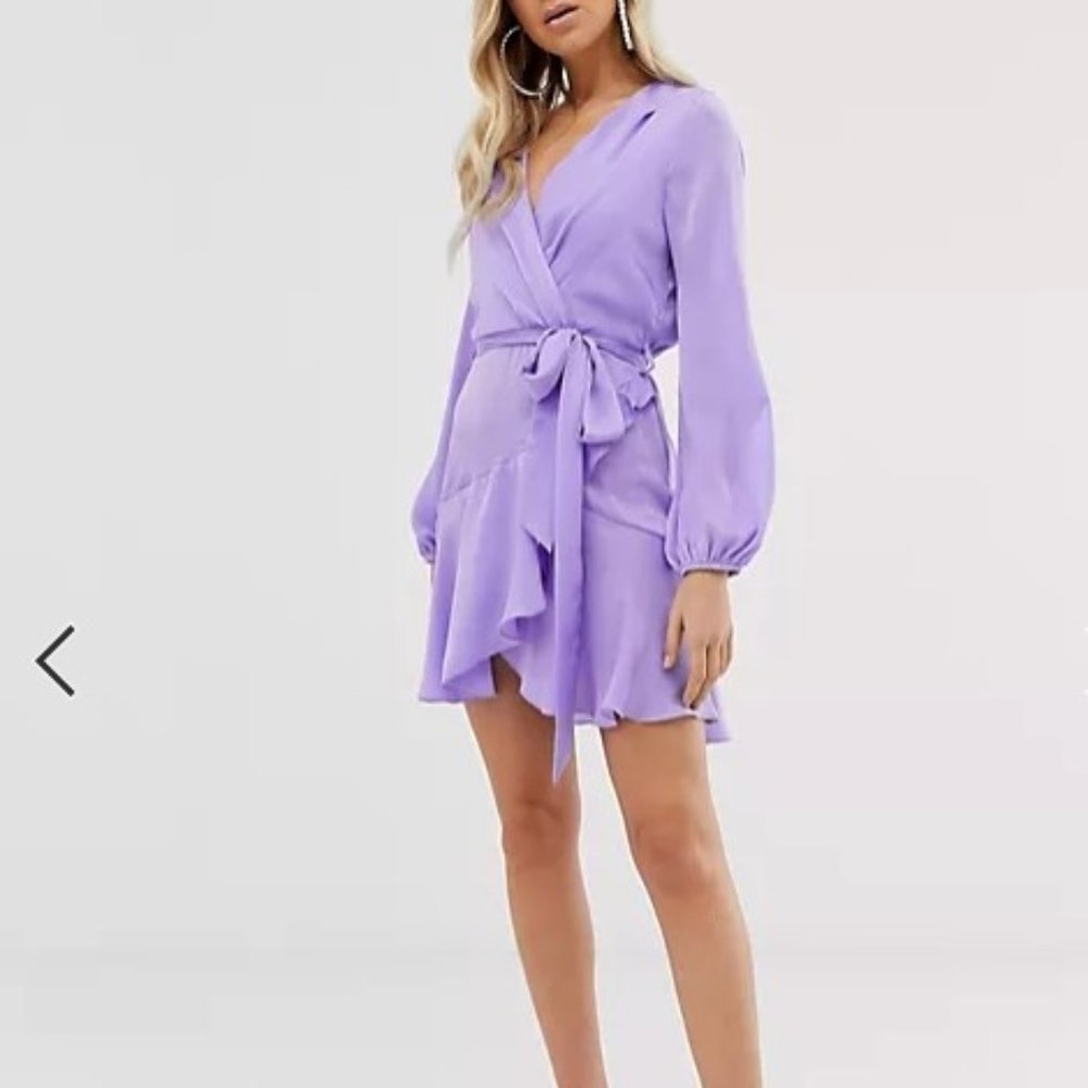 Flounce London satin mini wrap dress in lilac